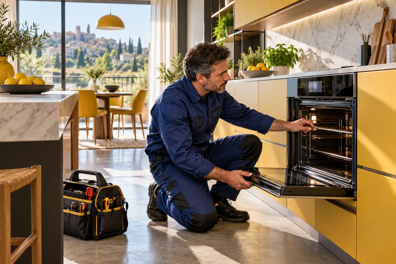 Tecnico esamina un forno in una cucina luminosa